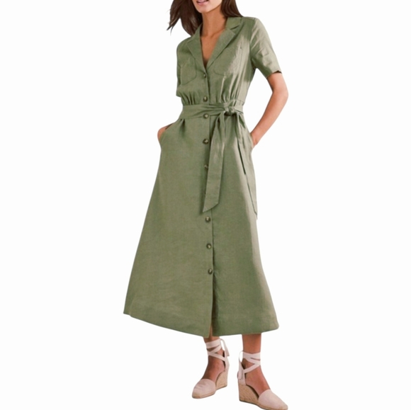 Boden Dresses & Skirts - Boden Notched Collar Tie Waist Linen Shirtdress Olive Green Women's US 6